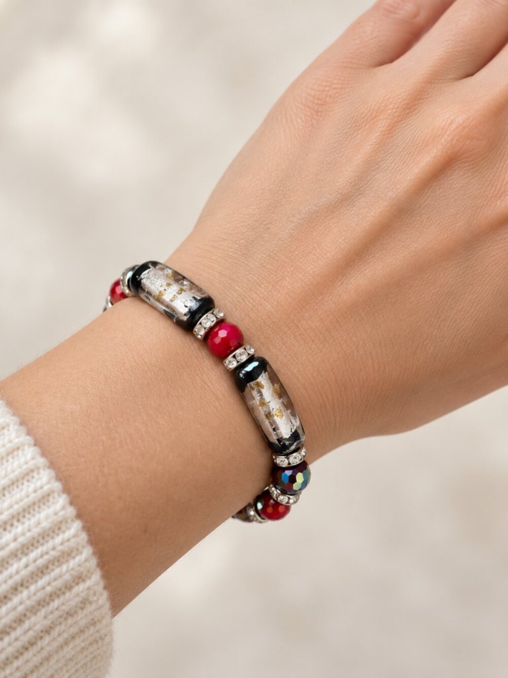 Red Black Silver & Gold Art Glass Bead Stretch Bracelet – Statement Jewelry